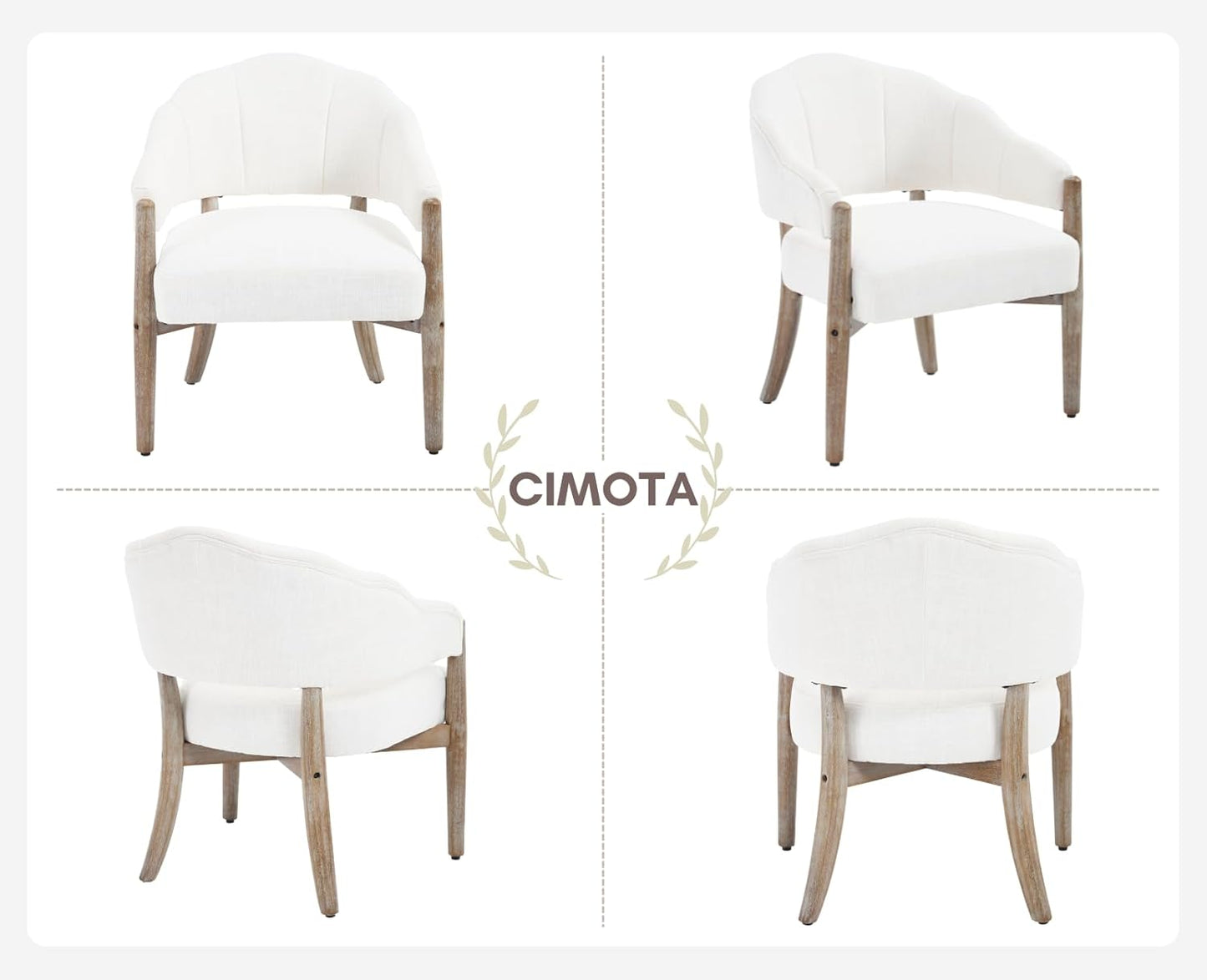 CIMOTA White Accent Chairs Set of 2 Farmhouse Fabric Barrel Chairs Linen Upholstered Armchairs with Wood Legs, 21.5" Wide Comfy Reading Chairs Side Sitting Chairs for Living Room/Bedroom/Makeup