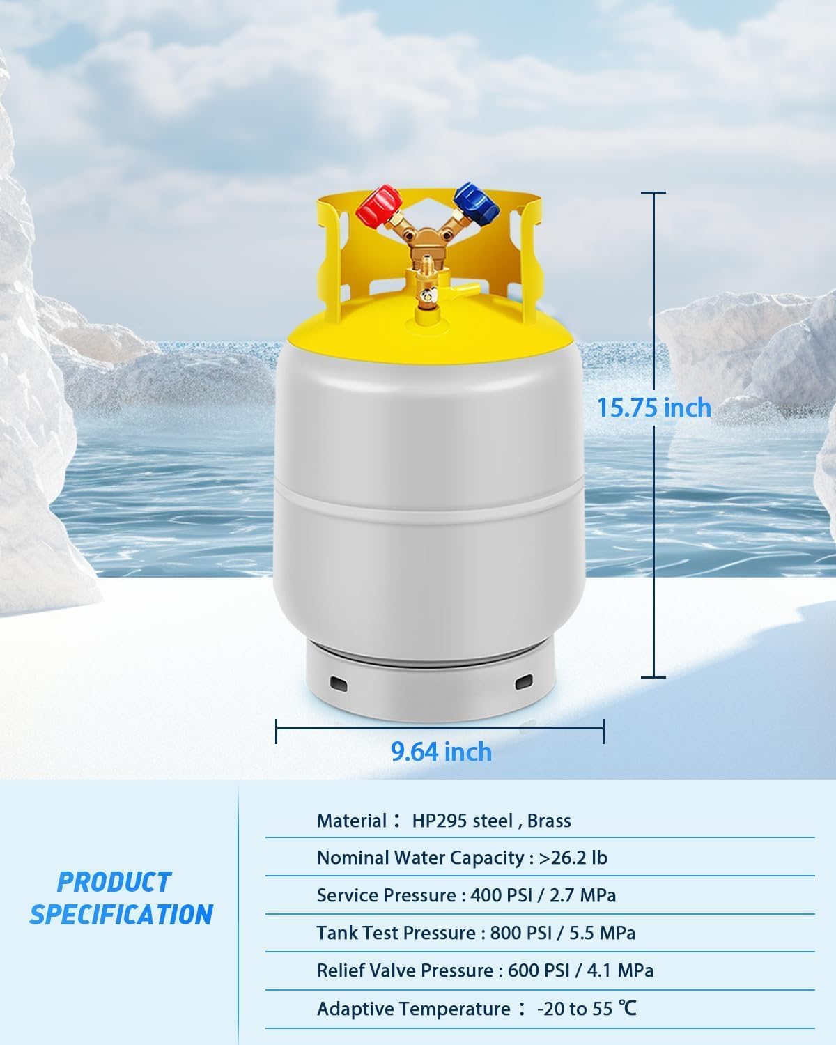 30 LB Refrigerant Recovery Tank for R12, R22, R134A, R410A Reusable Recovery Cylinder Tank 1/4 SAE Y-Valve Recovery Can Without Float Switch for Tank AC Freon Recovery Tank Cylinder Tank