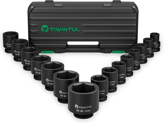 3/4 Inch Drive Impact Socket Set, 15 Pieces Heavy Duty 6-Point CR-MO Steel Impact Sockets, Metric Sizes 17-55 mm, Impact Socket Set for Auto, Truck and Large Machinery Maintenance