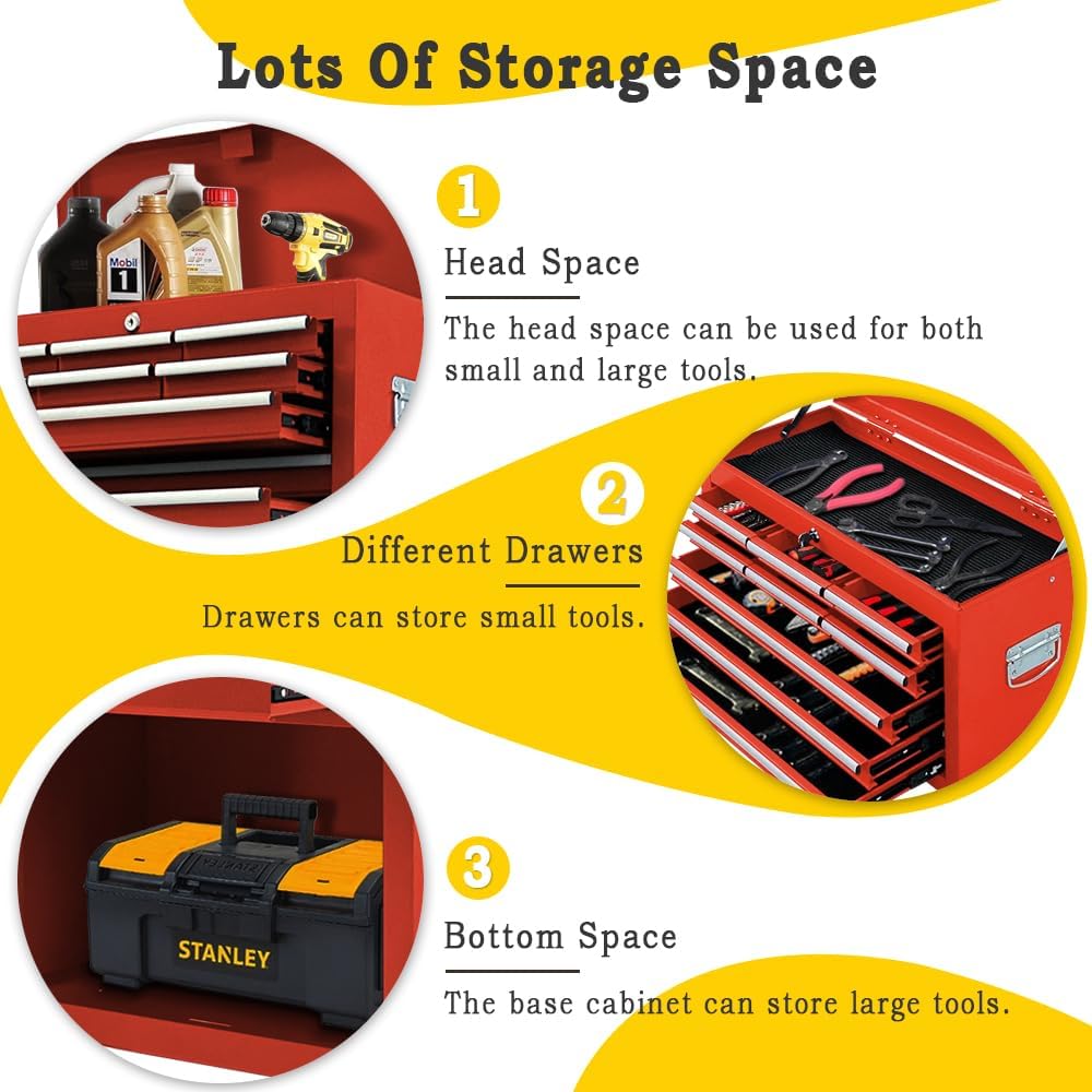 13-Drawer Rolling Tool Chest with Double Door Handle, 2 in 1 Detachable Tool Chest, Large Tool Storage with Wheels, Lockable Tool Cabinet for Garage, Barbershop-Red