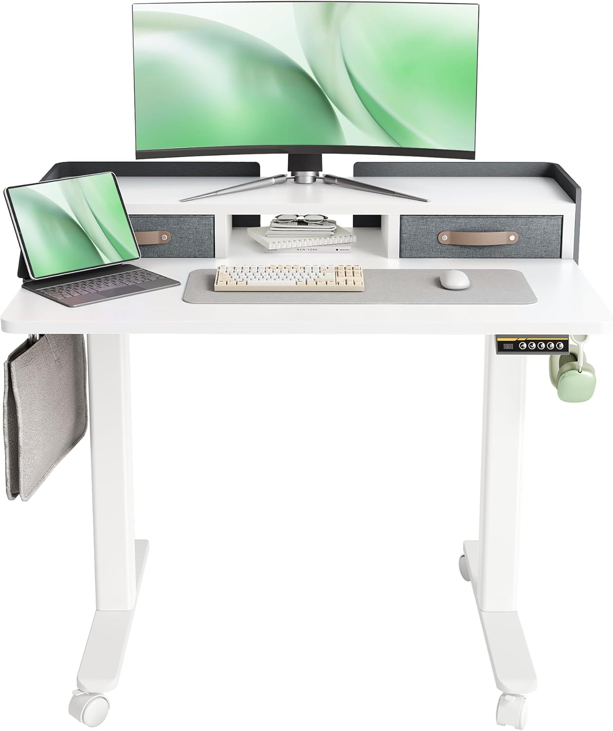 Claiks Standing Desk with Drawers, Adjustable Stand Up Electric Standing Desk Adjustable Height with Storage Shelf and Splice Board, 59 Inch, White
