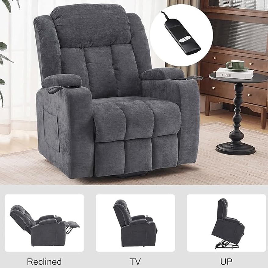 Grey Fabric Power Lift Recliner Chair for Elderly, Electric Lift Recliner Sofa with Massage and Heat, Side Pocket, USB Ports, Remote Control for Living Room