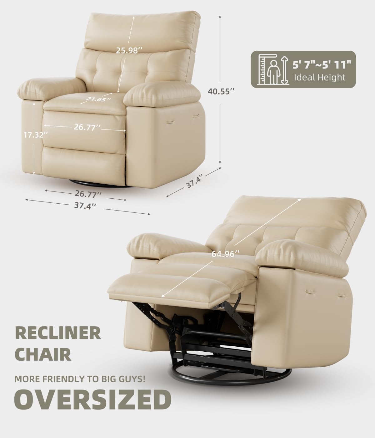 27" Oversized Recliner Chairs with Heat and Massage - 360° Swivel Lazy Recliner Chair for Adults- Manual Rocking Chair with Remote Control for Living Rooms, Bedrooms and Nurseries - Creamy