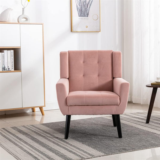 Velvet Accent Armchair,Upholstered Fabric Living Room Chair Ergonomics Chair Home Chair with Solid Black Legs,Tufted Back Decorative Chair Reading Chair for Indoor Home Living Room,Pink