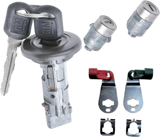 Set of 1 Ignition Switch Lock Cylinder and 2 Front Door Lock Replacements, Compatible with Chevy and Sierra. Includes 2 Chevy Logo Round Hole Keys and 2 GM Keys, All keyed Alike, OEM Set.