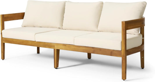 Christopher Knight Home Brooklyn Outdoor 3 Seater Sofa with Cushions - Acacia Wood - Teak/Beige