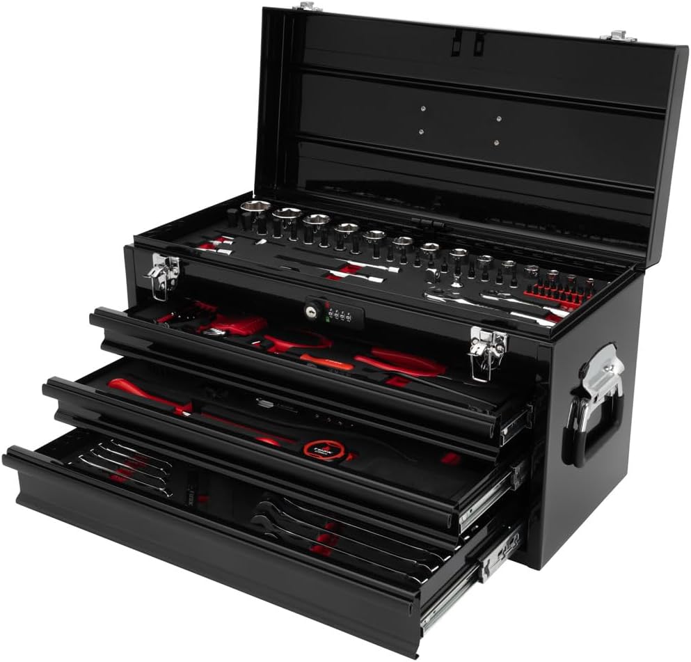 TUSK 3 Drawer Shop Tool Box with Resettable Combo Lock with 129-piece Count Tool Set-Durable Chrome Vanadium Steel