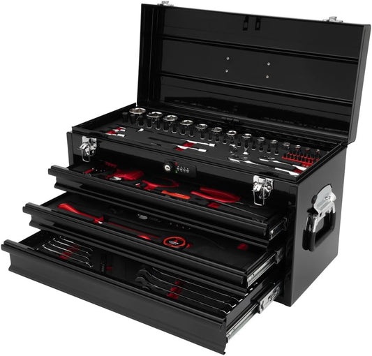 TUSK 3 Drawer Shop Tool Box with Resettable Combo Lock with 129-piece Count Tool Set-Durable Chrome Vanadium Steel