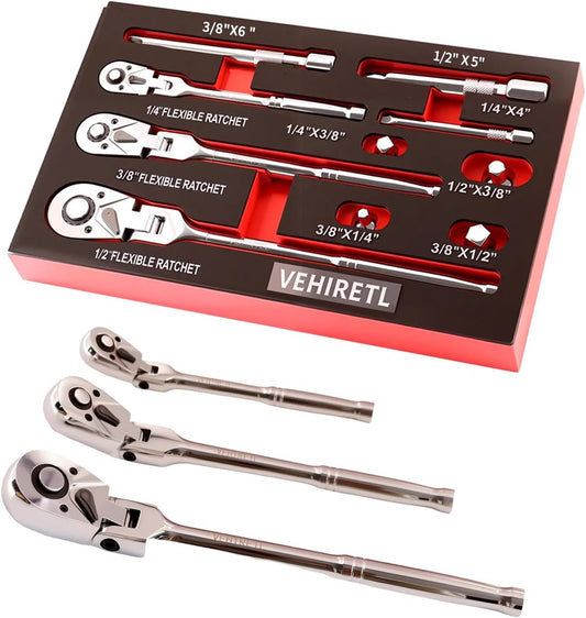 10 Piece Flex Head Ratchet Set, 1/4", 3/8" and 1/2" Drive Swivel Head Ratchet Wrench with Extension Bar and 4pc Adapter, 72-Tooth Flexible Wrench Handle with Quick-Release Reversible Design