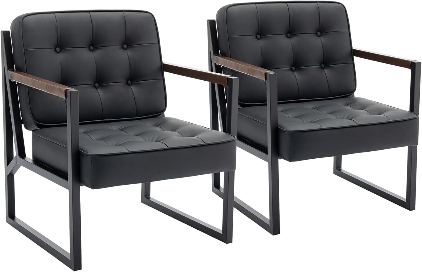 COLAMY Black Accent Chair Set of 2, Accent Arm Chair for Living Room, Comfy Leather Armchair with Metal Legs for Bedroom Reception Waiting Room