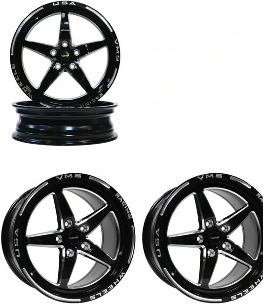 VMS Racing V-Star Drag Pack Wheels, 17x10 in Front and 18x5 in Rear, 5x120 Bolt Pattern, Gloss Black