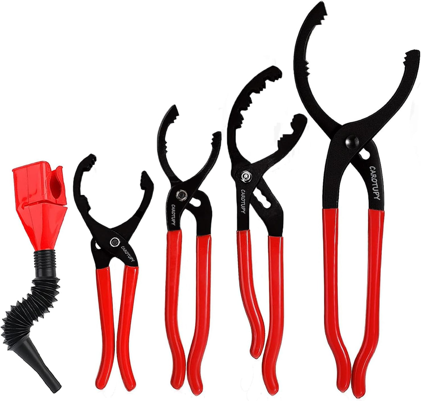 6Pcs Oil Filter Pliers Set, Universal Oil Filter Wrench with Oil Funnel, 10" & 12" & 14" & 16" Premium Oil Filter Removal Tool From 1-1/4" to 8-1/2"