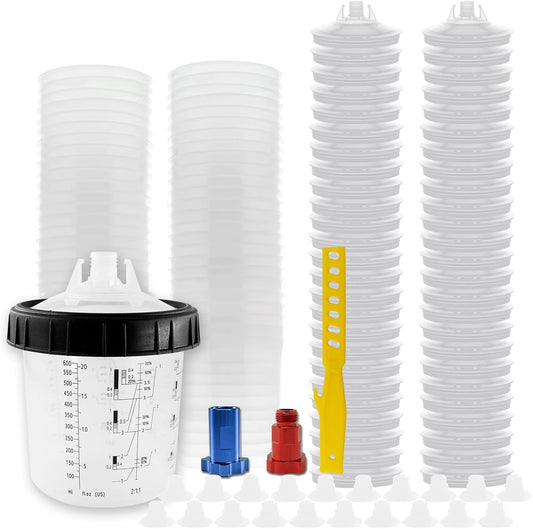 RRJ Disposable Paint Cup Spray Gun Cup, Paint System for LVLP and HVLP Spray Gun Kit 600 ML Mixing Cup with 50 Cups Liners and Lids, 1 Hard Cup with Retainer Ring, 2 Cup Adapter, Stirrer