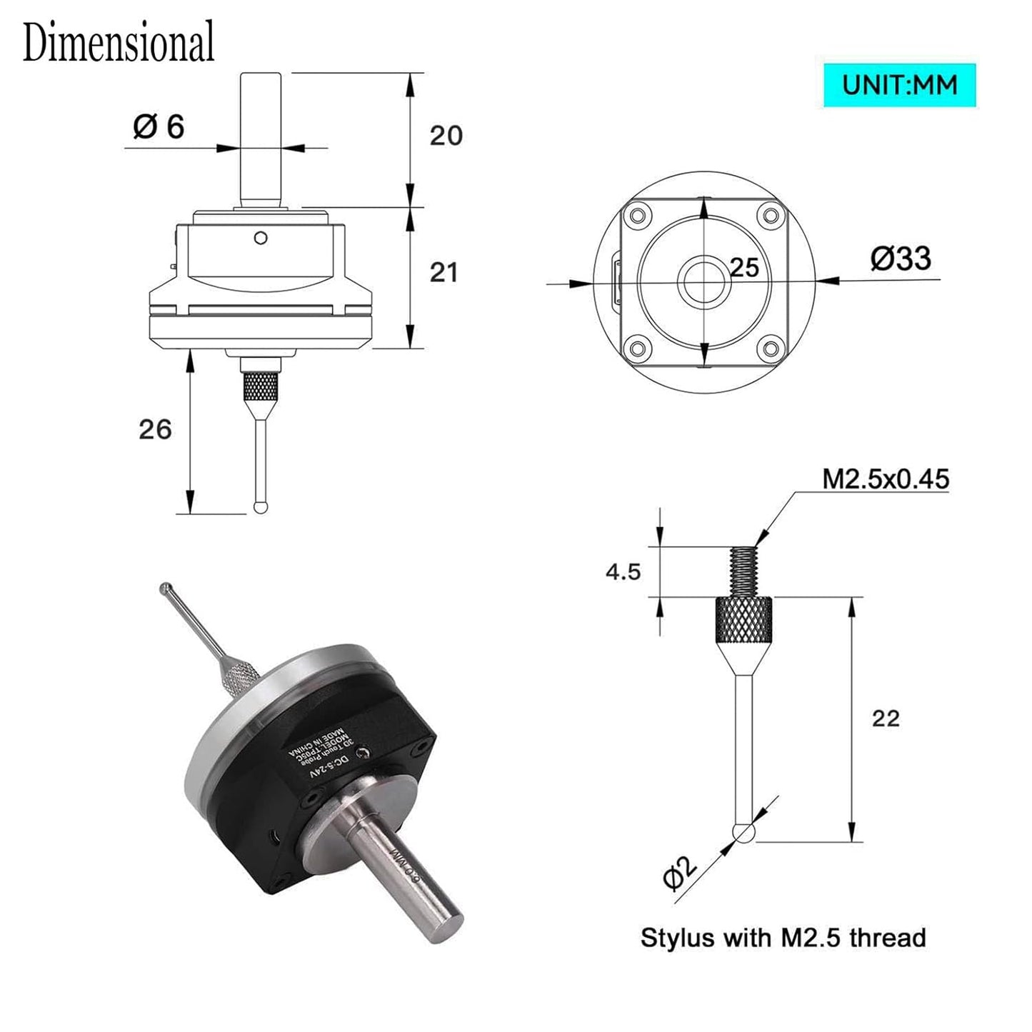 CNC 3D Touch Probe Edge Finder,XYZ Coordinate Measuring Sensor with 2M Cable and 6 MM Shank Compatible with Mach3 and GRBL,for GRBL CNC Router (NPN-NO)