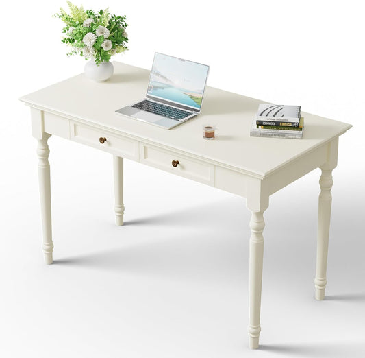 ADORZ White Desk with Drawers, 47 Inch Home Office Desks Solid Wood Writing Desk for Home Office, Study Workspace or Bedroom