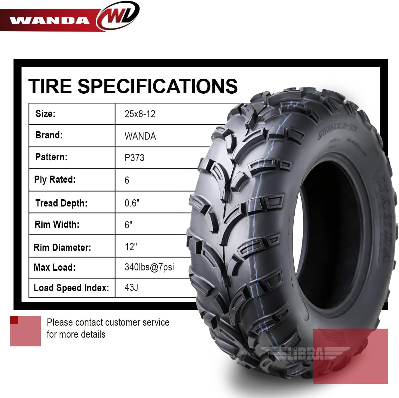 WANDA One UTV/ATV Tire 25x8-12 25x8x12 /6PR P373 Lit Mud - 10243