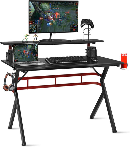 Tangkula Gaming Desk, Professional Gamer Workstation with Cup Holder, Headphone Hook, Handle Rack, Ergonomic PC Gaming Table with Monitor Stand, E Sports Computer Desk Table for Home, Office (Black)