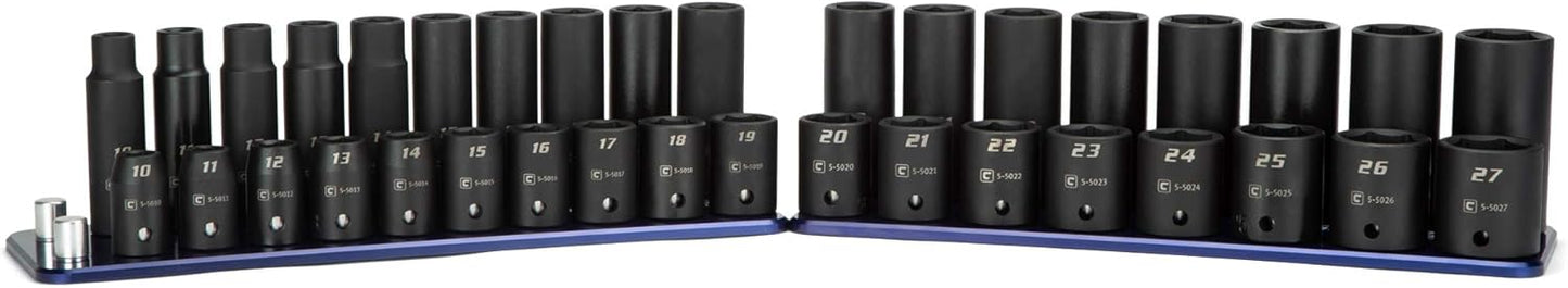Capri Tools 1/2 in. Drive Shallow and Deep Impact Socket Set, Metric, 10 to 27 mm, 36-Piece with Billet Aluminum Socket Rail (CP55000-36MSDR)