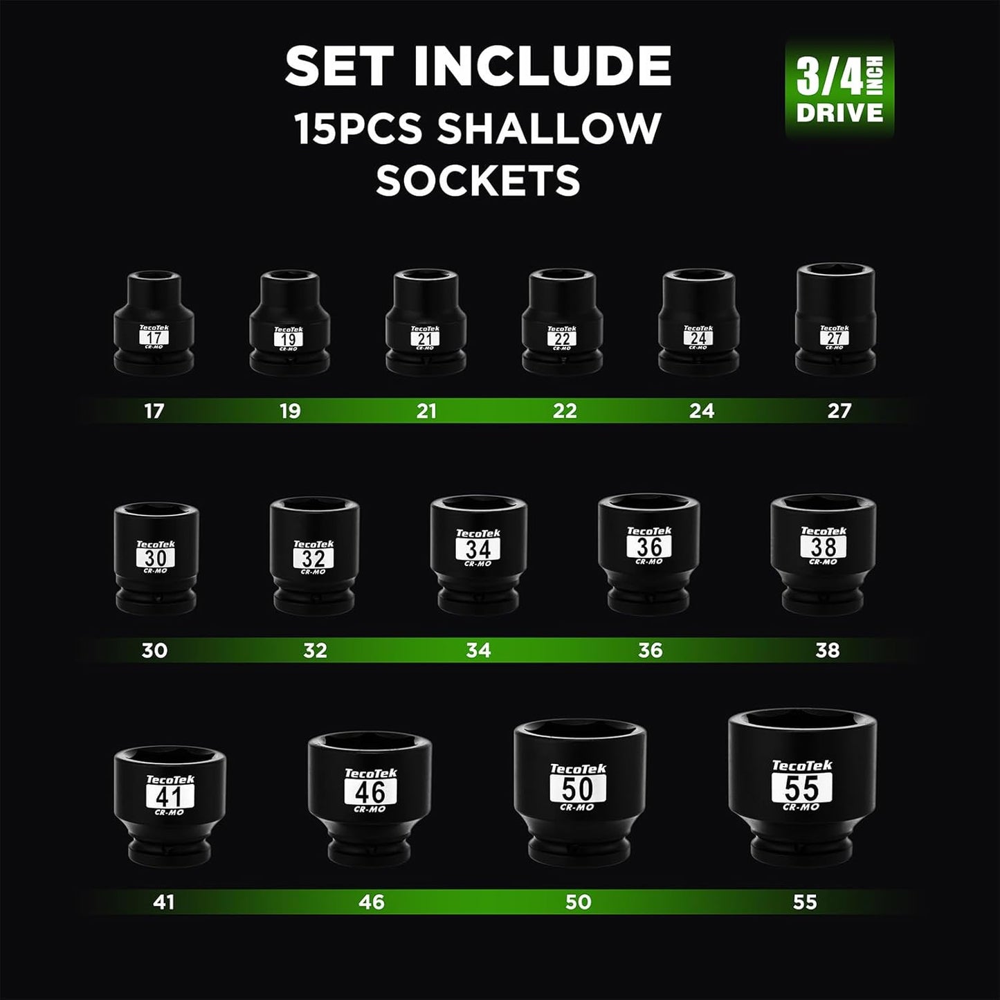 3/4" Drive Shallow 6-Point Impact Socket Set, 15-Piece Heavy Duty Impact Socket Set, CR-MO, Metric (17mm to 55mm), Enhanced Storage Case