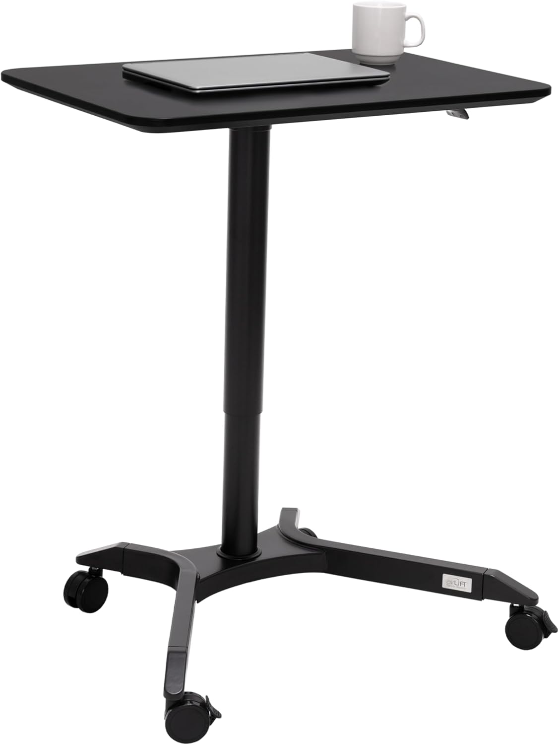 Seville Classics Airlift Height Adjustable Pneumatic Laptop Sit Stand Desk Mobile Rolling Cart, Computer Workstation for Home Office, Classroom, White, 25.6" Desktop