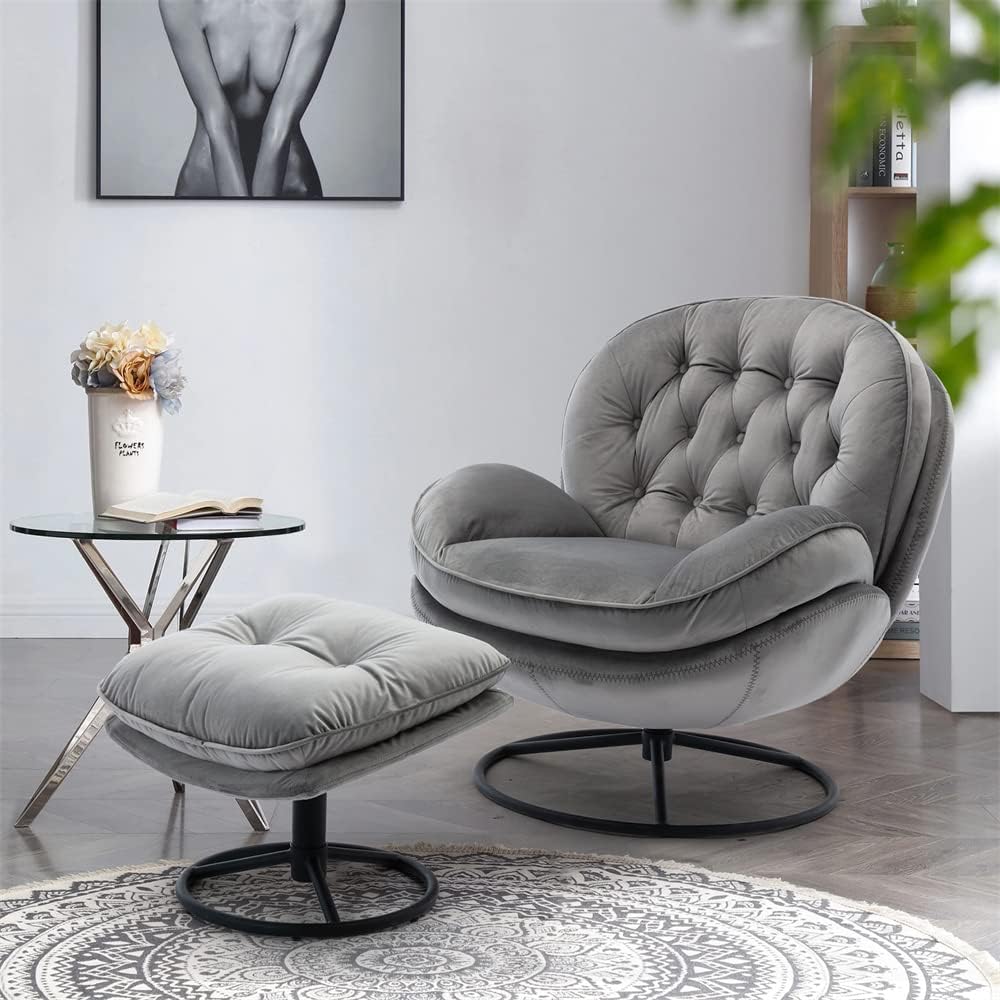 Velvet 360 Degree Swiveling Accent Chair with Ottoman Set, Modern Lounge Sofa Chair with Metal Base Frame & Footrest, Comfy Single Leisure TV Chair Reading Chair for Living Room and Office, Yellow