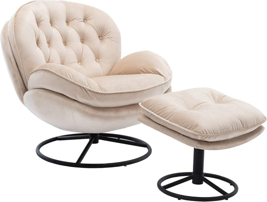 Velvet Cozy Chaise Lounge Indoor, Oversized Swivel Reading Chair with Footrest, Accent Chair with Ottoman Set for Living Room, Bedroom, Reading Room, Home Office, Metal Base Frame (Beige)