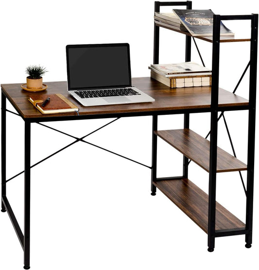 AEONS Computer Study Desk with Storage Shelves, Home Office Desk with Reversible Bookshelf Study Writing Table Corner Desk 47”, Wood & Metal, Space-Saving