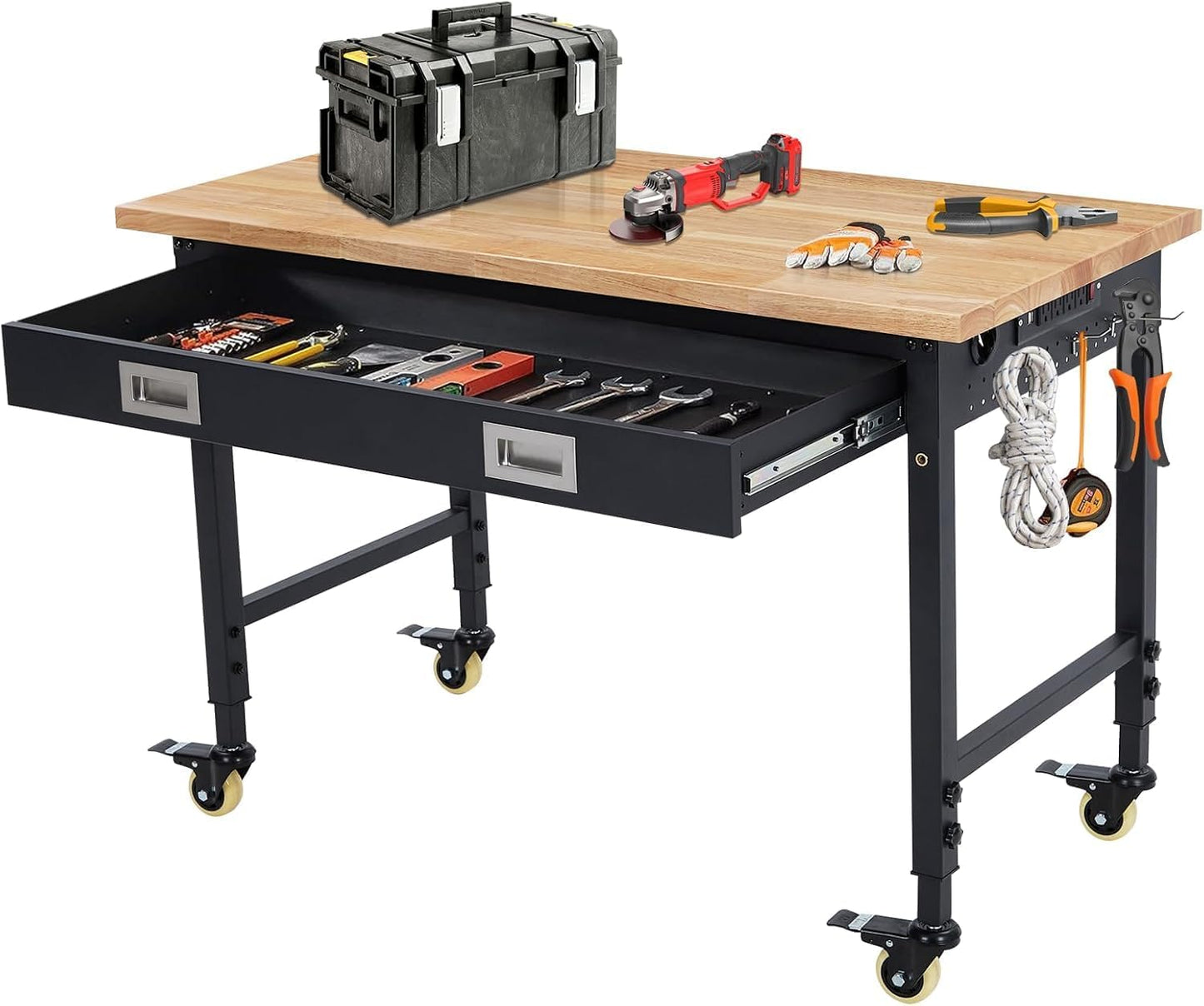 Workbench 60" x 22" Adjustable Height Worktable, Heavy Duty Rubber Wood Top, 2000 LBS Load Capacity, Tool Storage Workstation with Drawer, Pegboard, Power Outlets & Lockable Wheels, with Drawer Back