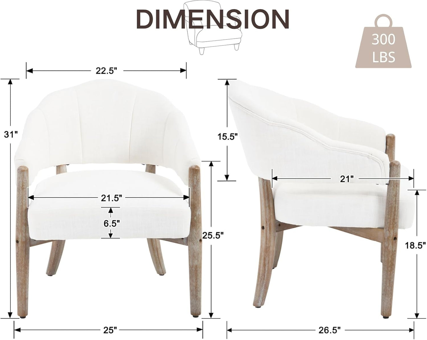 CIMOTA White Accent Chairs Set of 2 Farmhouse Fabric Barrel Chairs Linen Upholstered Armchairs with Wood Legs, 21.5" Wide Comfy Reading Chairs Side Sitting Chairs for Living Room/Bedroom/Makeup