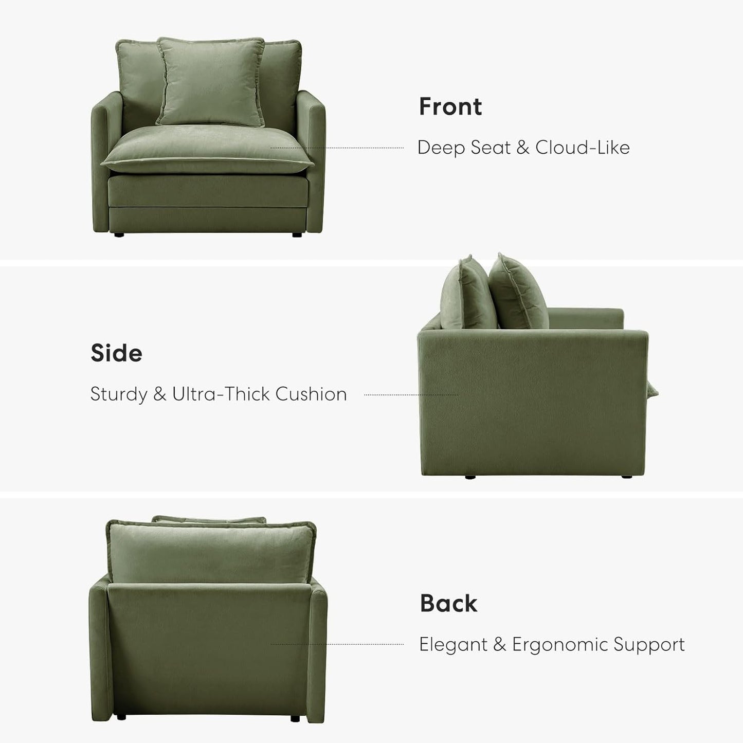 Chenille Oversized Accent Chair - 39”W Big Comfy Reading Chair, Modular Cloud Chair, Cozy Armchair for Living Room, Bedroom, Kids Room, Family Room, Reading Nook, Sage Green