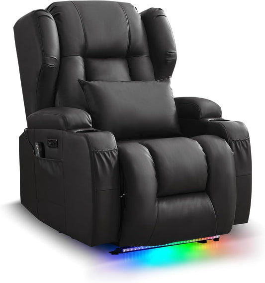 URRED Recliner Chair for Adults, Power Reclining Sofa Chair Home Theater Seating with Vibration Massage and Heat, LED Ambient Light, USB Ports, Cup Holders, Side Pockets (Black)