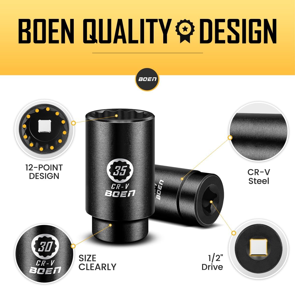 BOEN 8-Piece 1/2" Drive Deep Impact Socket Set, 12-Point Metric Spindle Axle Nut Large Socket Set, (29 mm, 30 mm, 32 mm, 34 mm, 35 mm, 36 mm, 38 mm, 39 mm), Chrome Vanadium Steel