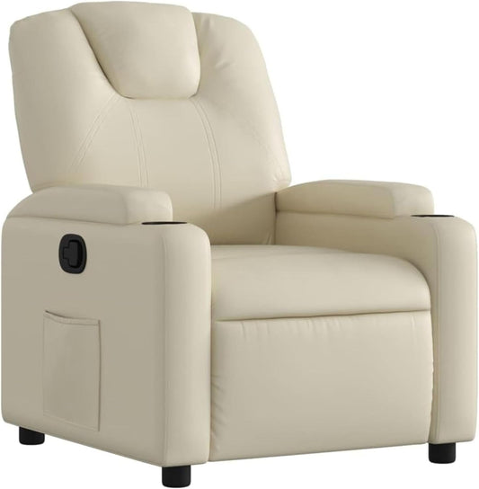 vidaXL Manual Recliner Chair for Living Room, Adjustable Recliner with Padded Seat & Backrest, Home Theater Seating with Side Pocket & Cup Holders, Cream Leather
