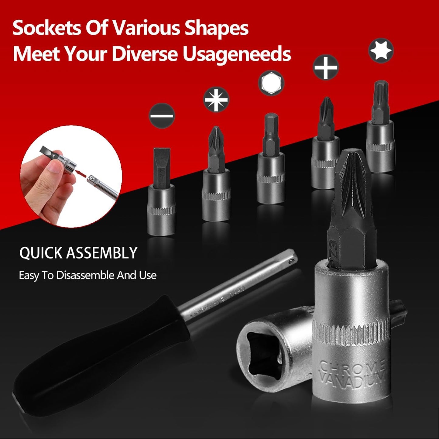 XHTT 94 Piece Tools For Mechanics,Metric And Standard 1/4,1/2 Socket Set,And Ratchet Set,Universal Joint,Extension Bars And Quick Release Reversible Ratchet Wrench,Plastic Toolbox Storage.