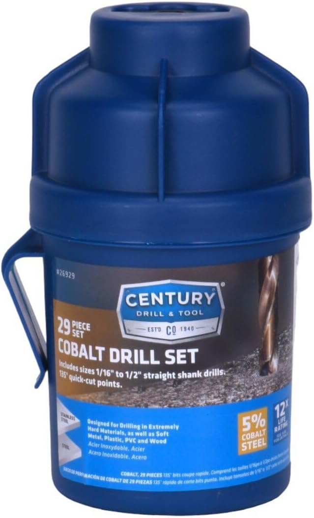 Century Drill & Tool, 26929, 29 PC Set,Jobber Drill Bit, Cobalt Steel, High Speed Drill Bit Pack