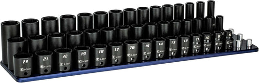 Capri Tools 3/8 in. Drive Shallow, Semi-Deep and Deep Impact Socket Set, Metric, 8 to 22 mm, 45-Piece with Billet Aluminum Socket Rail