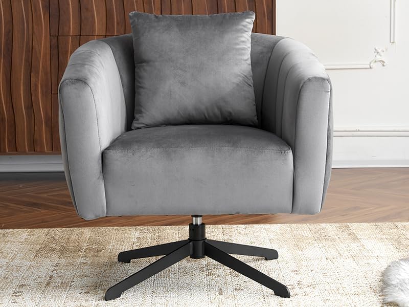 360°Swivel Accent Chair Set of 2, Modern Velvet Fabric Living Room Armchair,Reading Chair with Comfy Upholstered Fluffy Cushions & Metal Legs, Barrel Chairs for Bedroom/Lounge/Office,Grey