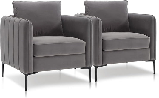 Accent Chair Set of 2 for Living Room, Velvet Comfy Single Sofa Chair Mid-Century Modern Armchair with 1 Pillow and Metal Legs for Bedroom Office Reading (Gray)