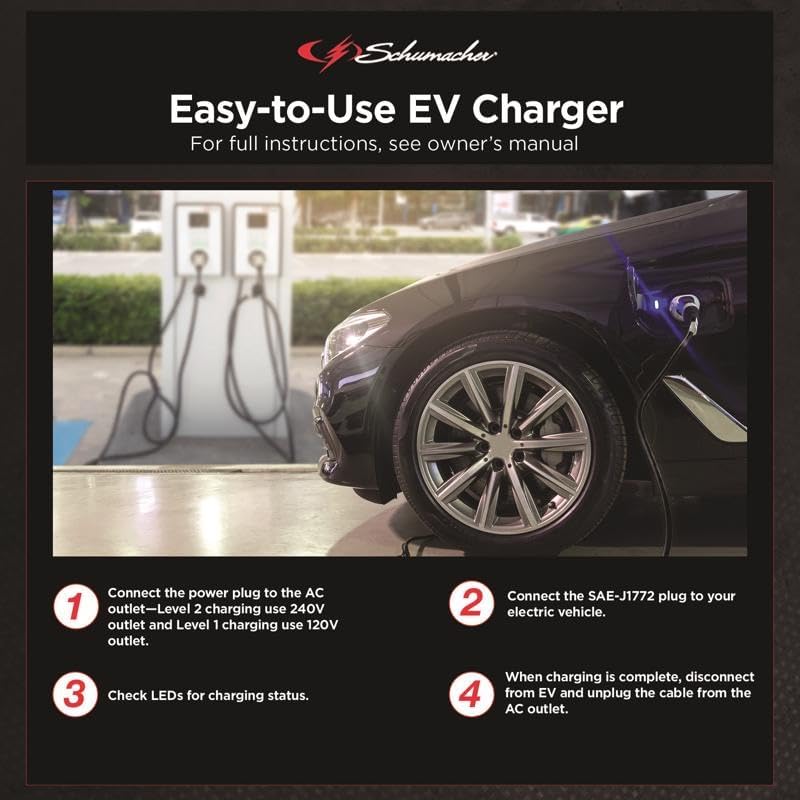 Schumacher Electric SC1455 Level 2 Portable EV Charger - up to 16A, Works with 120V or 240V Outlets, 28-Foot Charging Cable, Charges EVs 3X Faster