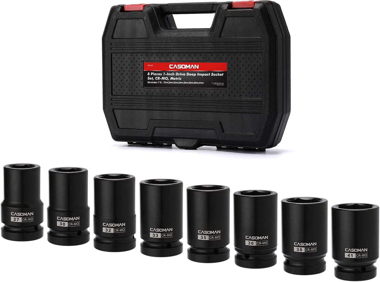 CASOMAN 10PCS 1-Inch Drive Deep Impact Socket Set, Metric, CR-MO, 21,22,24,27,29,30,32,33,38,41mm, Deep Spindle Axle Nut Impact Socket Set
