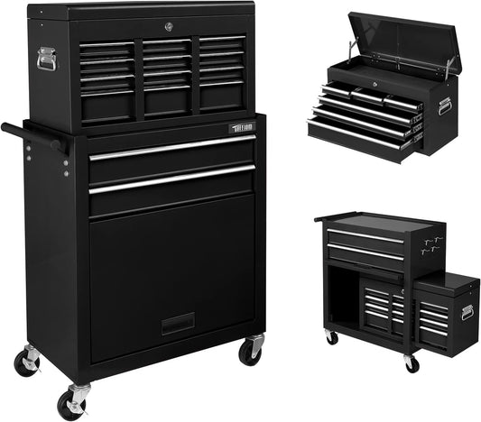 TUFFIOM 8-Drawer Rolling Tool Chest, Tool Storage Cabinet w/Lockable Wheels, Detachable Top, Drawers & Side Hooks, Mechanic Tool Organizer Box for Garage Warehouse Repair Shop