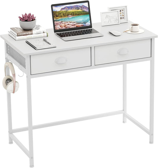 Tangkula Computer Desk with 2 Storage Drawers & 4 Hooks, Home Office Study Writing Desk with Metal Frame, Computer Workstation, Space Saving Laptop Desk for Bedroom Living Room (White)