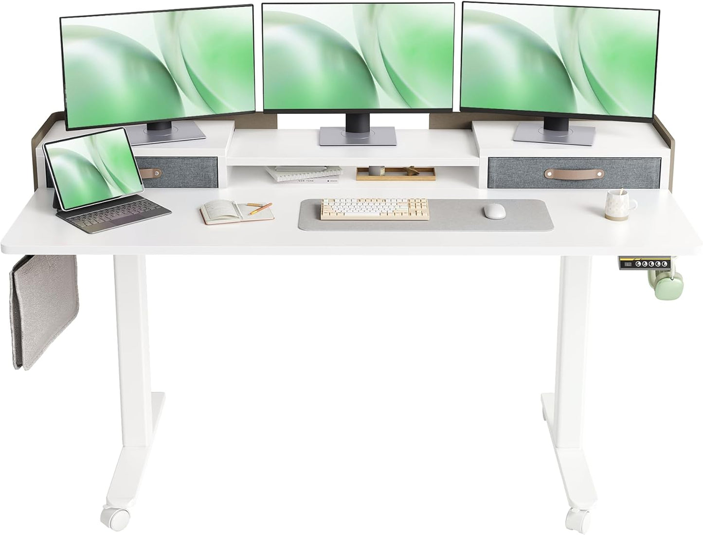 Claiks Standing Desk with Drawers, Adjustable Stand Up Electric Standing Desk Adjustable Height with Storage Shelf and Splice Board, 59 Inch, White