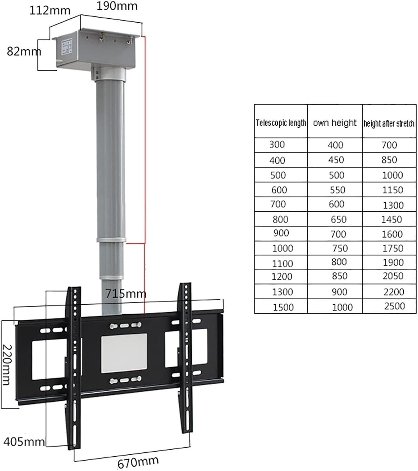 TV Stand/Base Tabletop with Bracket, Motorized Ceiling TV Mount for 26-70 Inch TVs Black 30-150cm 360° Manual Rotation