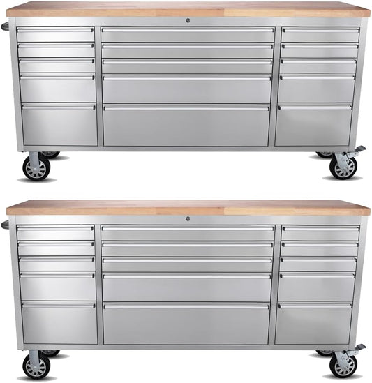 2 Pack - 72" Stainless Steel Rolling Tool Chest with 15 Drawers, Mobile Workbench, Assembled Large Tool Box Lockable Storage Cabinet with Wheels for Garage Workshop (2 × HTC7215W1)