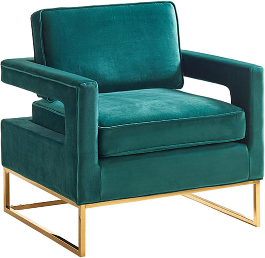 Velvet Accent Chair - Modern Green Living Room Chair with Gold Base - Plush Comfort Seating