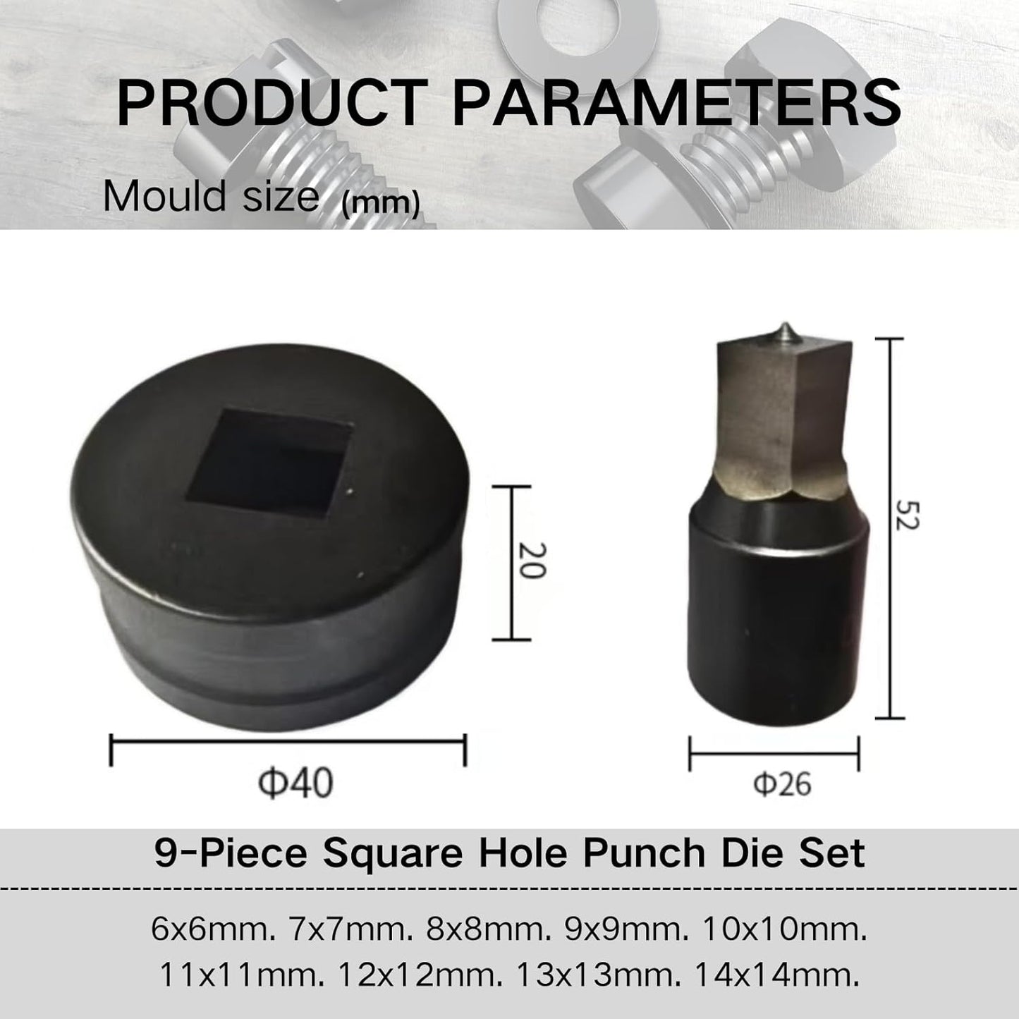 9-Piece Square Hole Punch Die Set for Hydraulic Punch Tool - Compatible with CH-70 Machine, Metal Punching Dies for Steel Sheet, Copper Plate, Aluminum Plate (9-Piece Square Hole Punch Die Set)