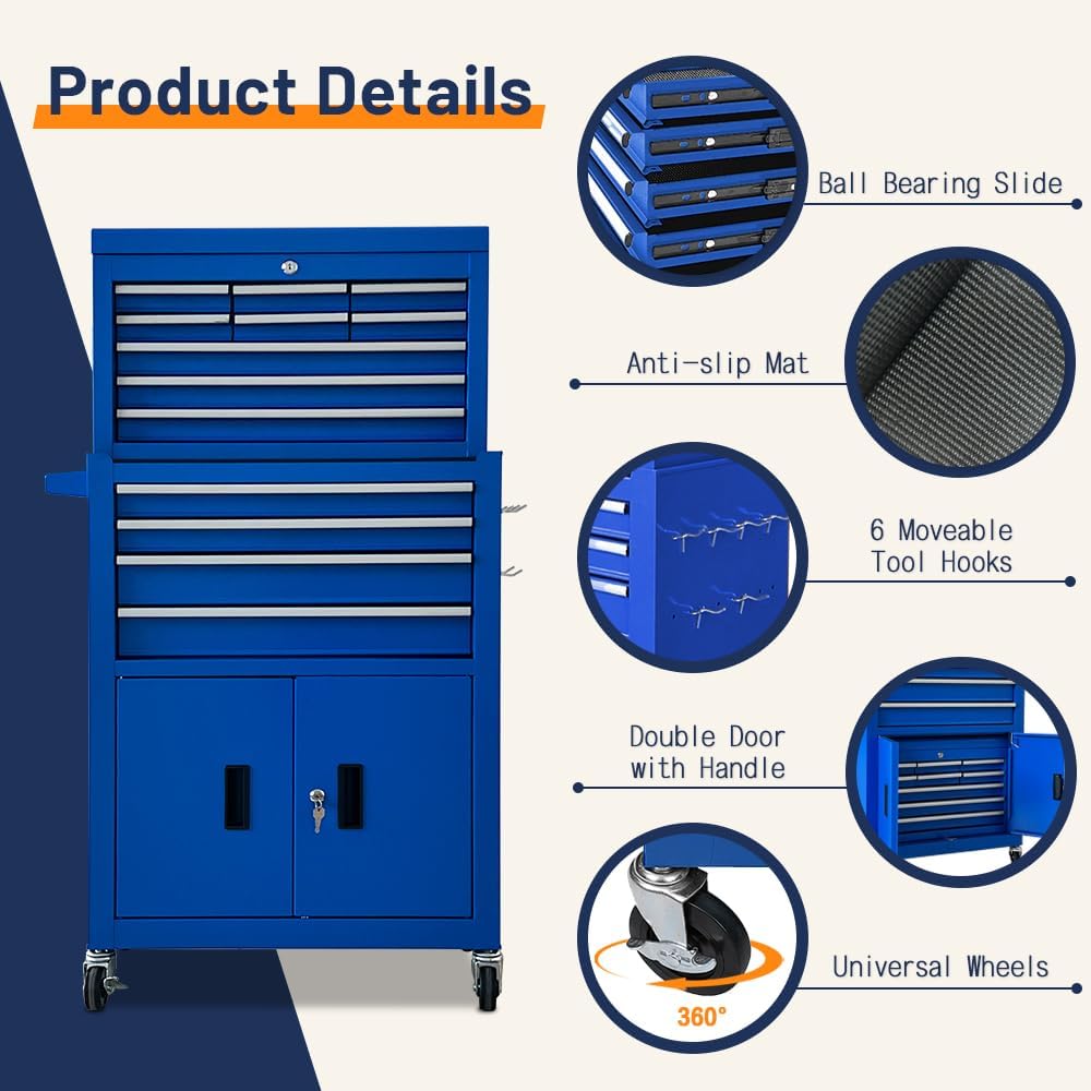13-Drawer Double Door Rolling Tool Chest, 2 in 1 Detachable Tool Chest,Tool Box with Drawers and Wheels, Large Tool Cabinet with Lock, Metal Standing Toolbox for Garage Workshop-Blue