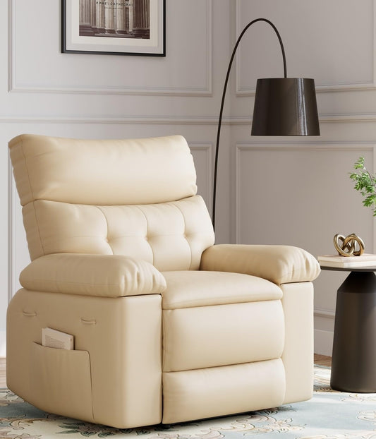 27" Oversized Recliner Chairs with Heat and Massage - 360° Swivel Lazy Recliner Chair for Adults- Manual Rocking Chair with Remote Control for Living Rooms, Bedrooms and Nurseries - Creamy