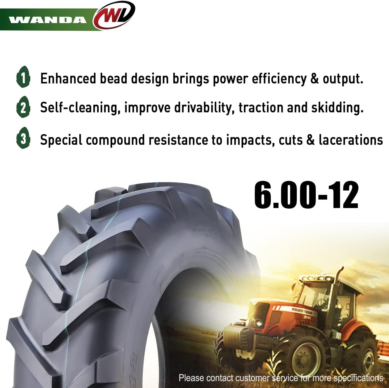 WANDA 6.00-12 Agricultural Farm Tractor Tire R-1 Pattern 6 Ply-Set 2-16014